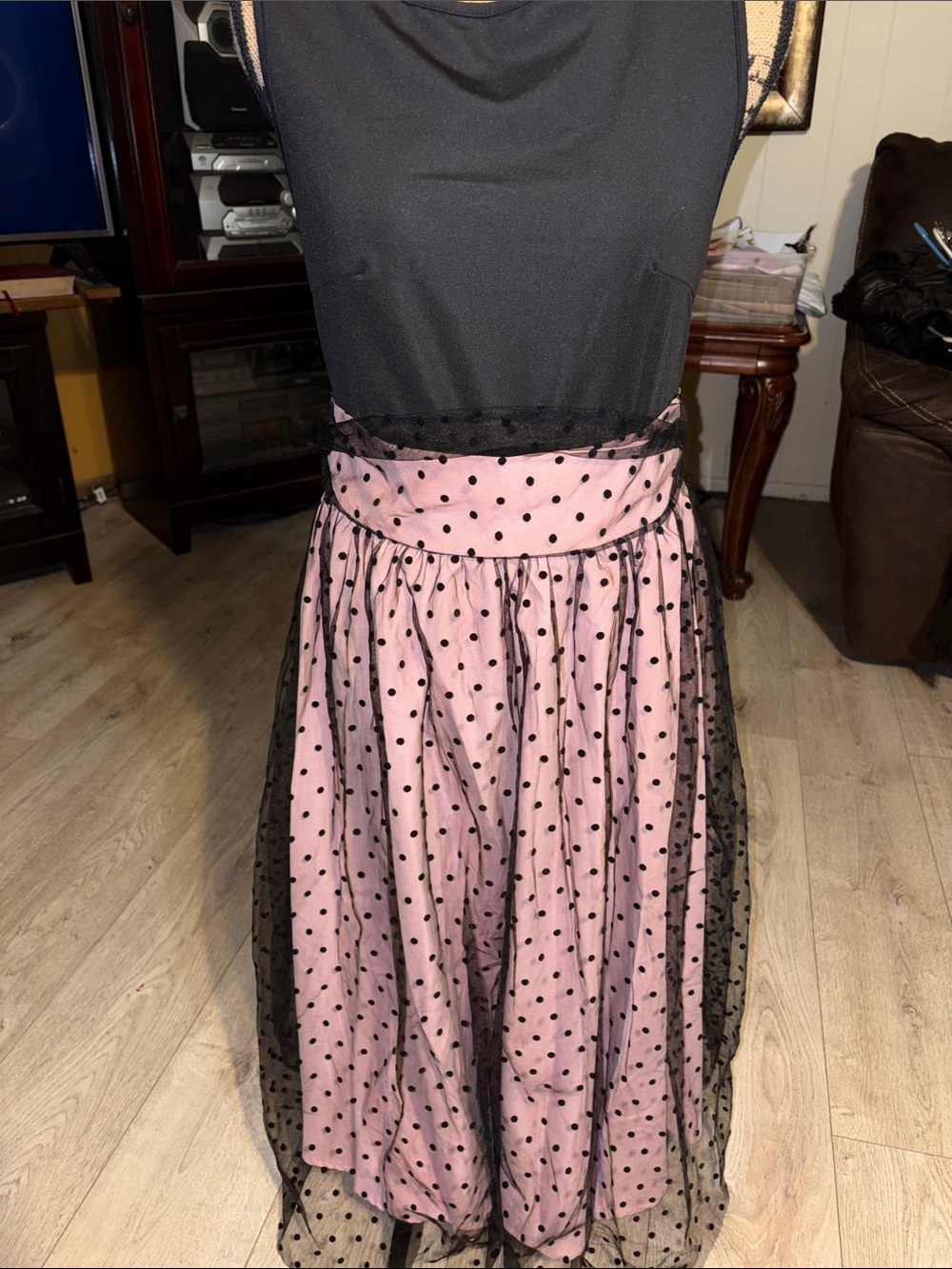 Sleeveless Black Bodice Pink Polka Dot Midi Dress